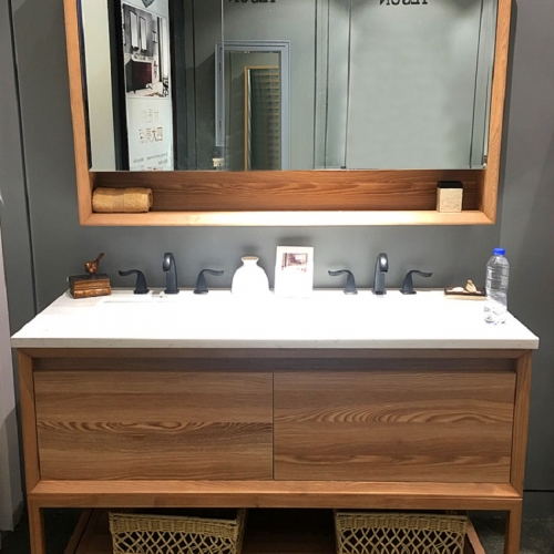 Modern Design free standing Solid Wood Bathroom Cabinets Mirror Vanity With marble Stone Wash Basin