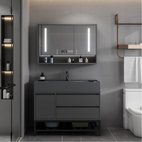 Modern Gray Wall Mount Bathroom Vanity Storage Cabinet Set Marble Floating Vanity