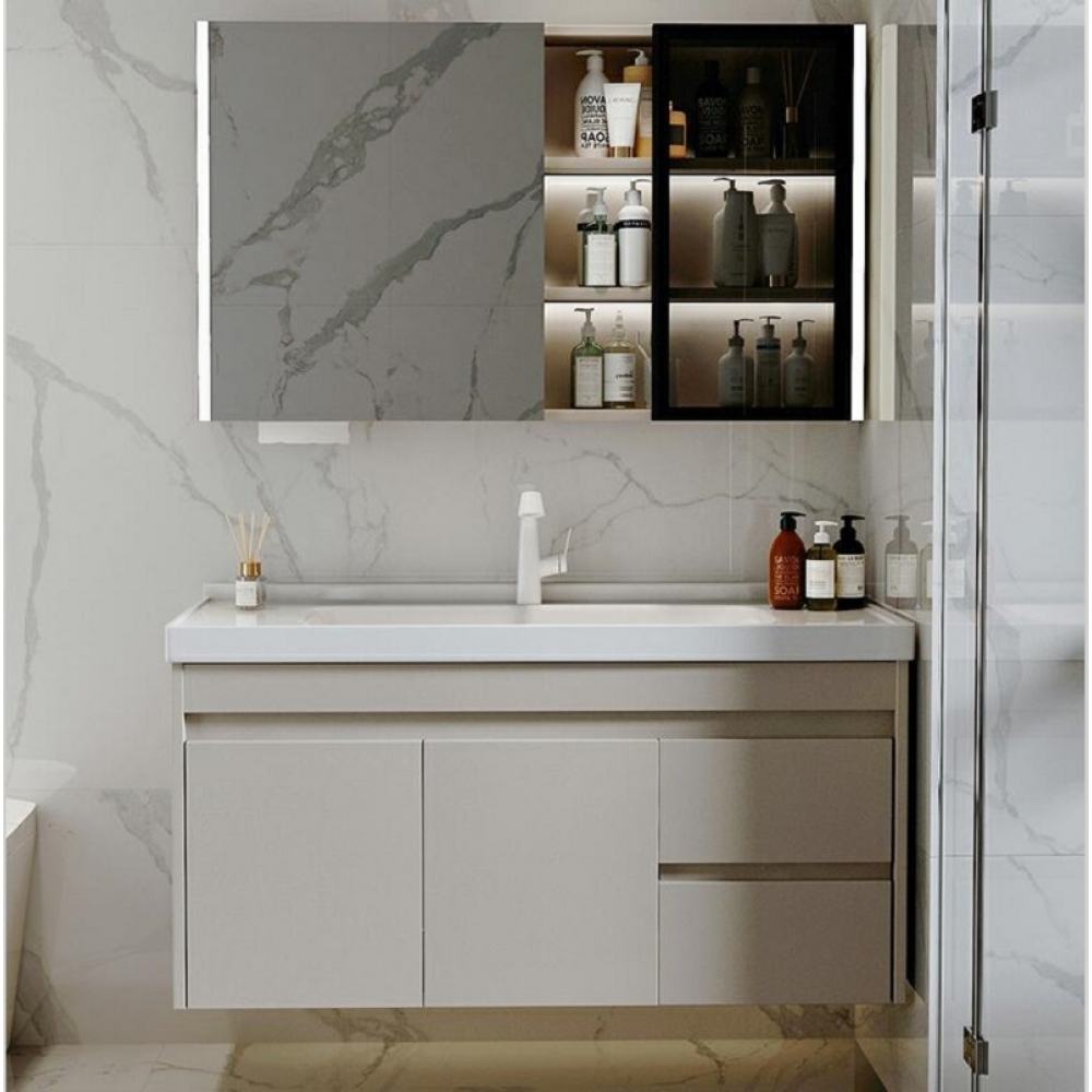 White Lacquer Floating Cabinet Basin Wall Mounted Modern Bathroom Vanity  With Smart Mirror