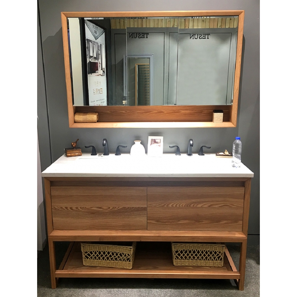 Modern Design free standing Solid Wood Bathroom Cabinets Mirror Vanity With marble Stone Wash Basin