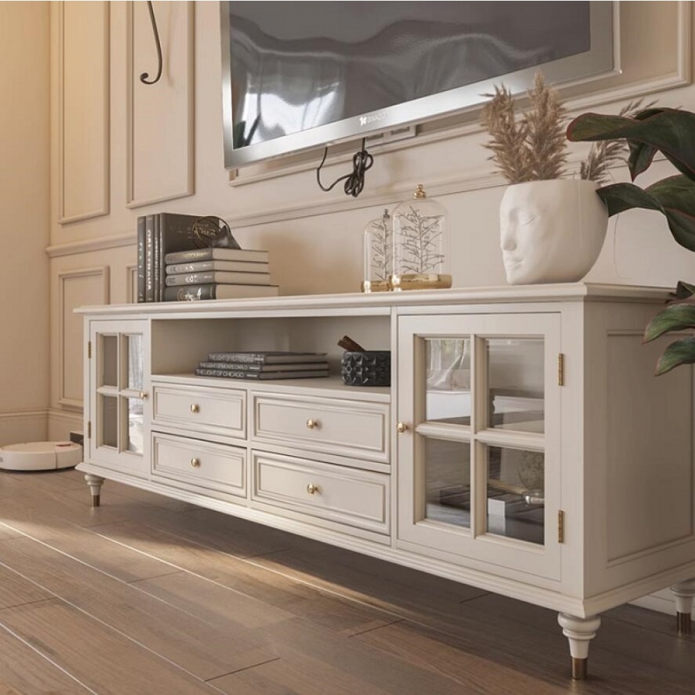 White solid wood woooden TV stand living room cabinets free standing