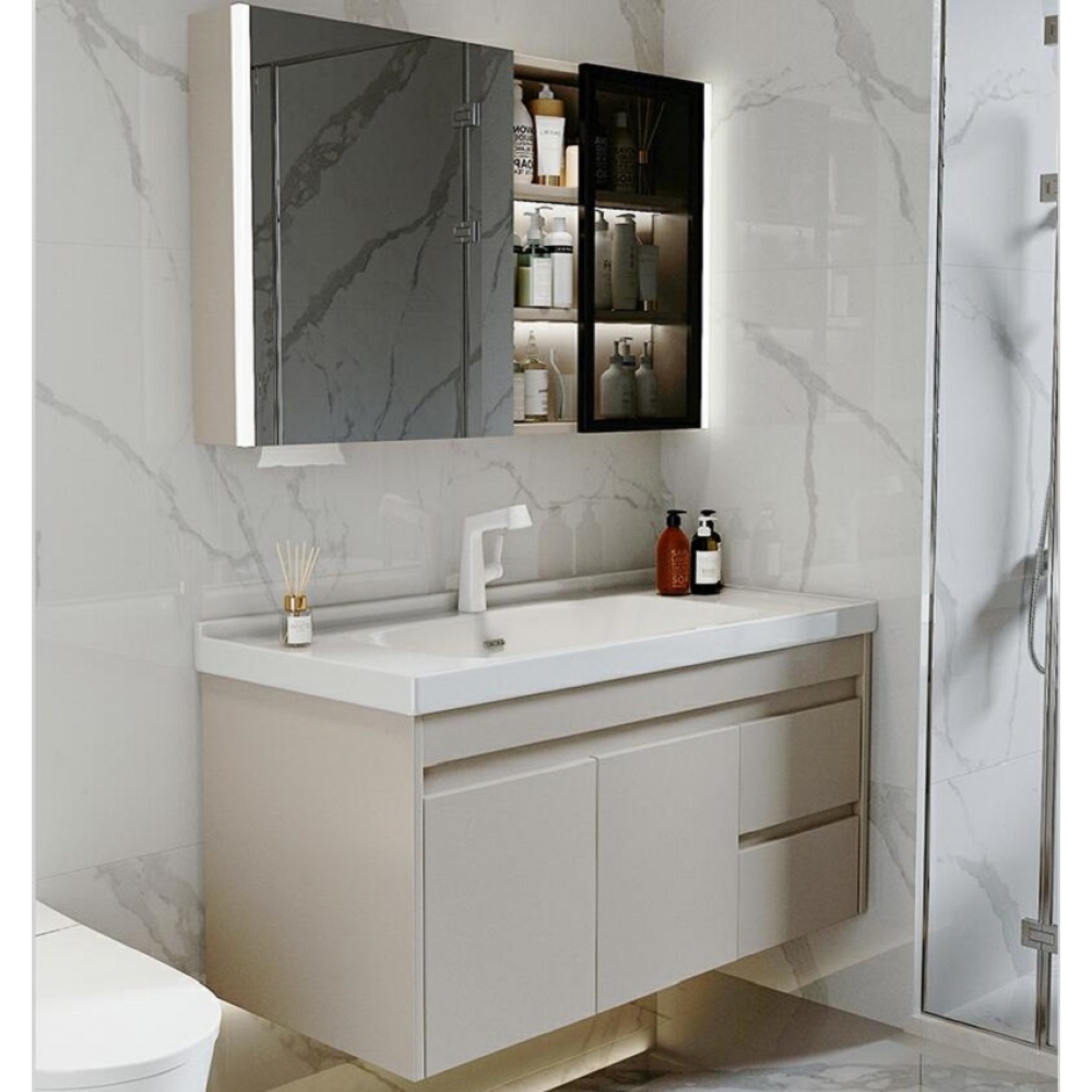 White Lacquer Floating Cabinet Basin Wall Mounted Modern Bathroom Vanity  With Smart Mirror