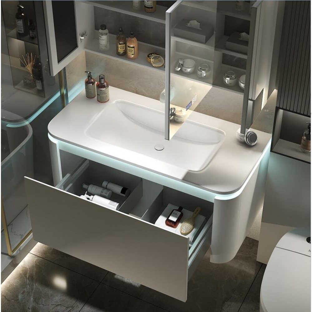 LED Mirror Light wihte lacquer arc-shaped Bathroom Sets Modern Luxury Bathroom Vanity