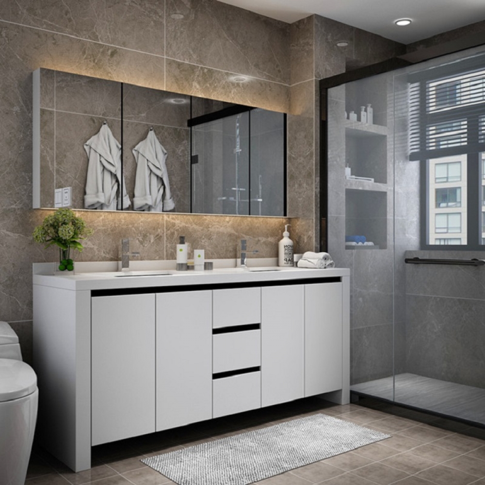 Floor standing white lacquer modern bathroom vanity with light mirror
