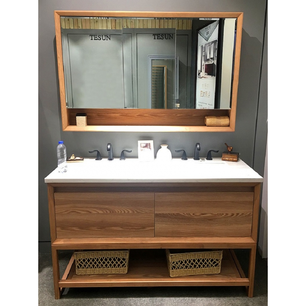 Modern Design free standing Solid Wood Bathroom Cabinets Mirror Vanity With marble Stone Wash Basin