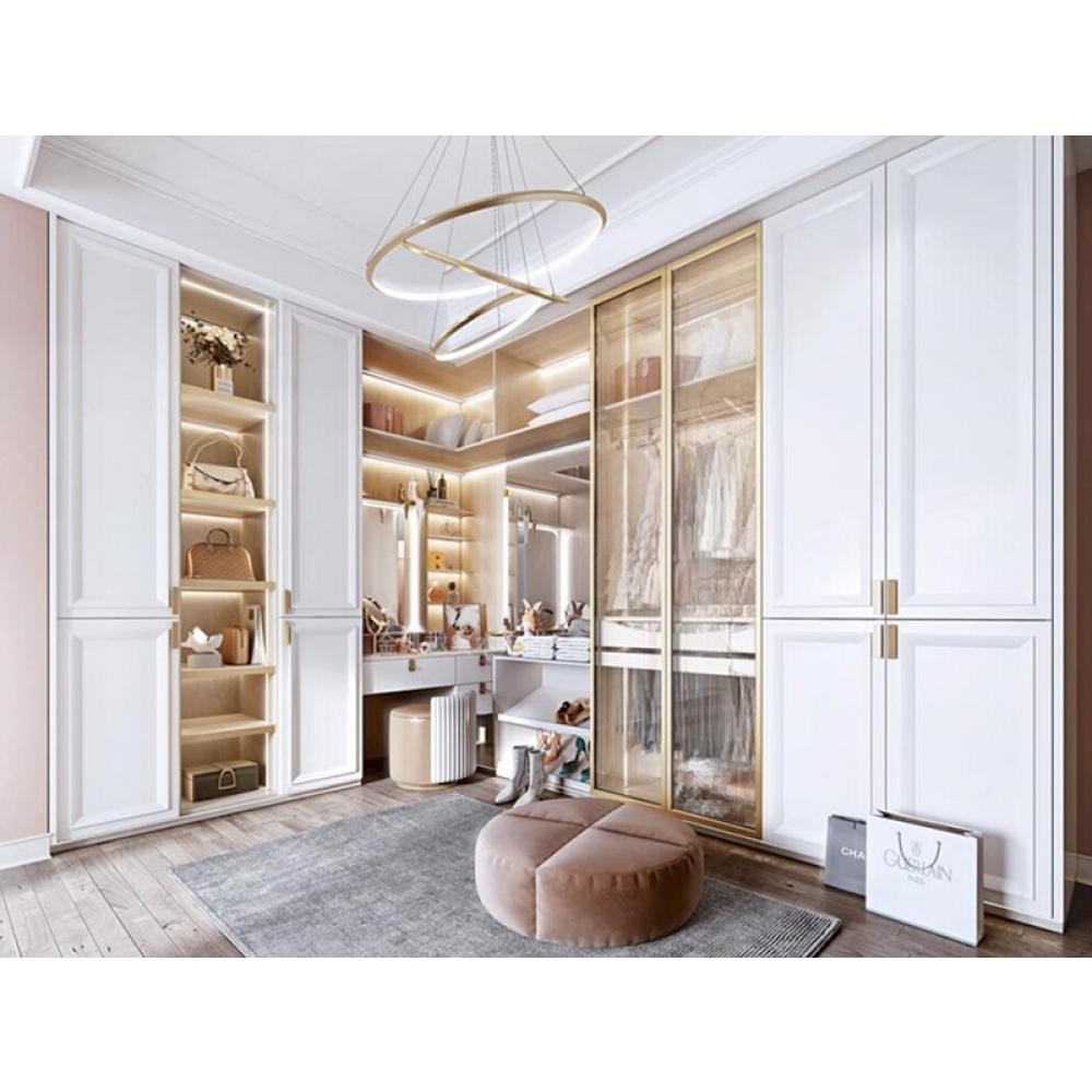 Fashion custom bedroom furniture glass door walkin wooden solid wardrobe storage closet