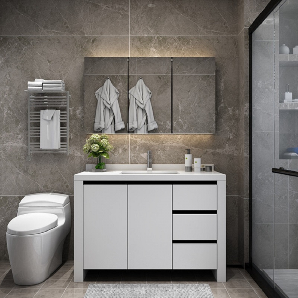Floor standing white lacquer modern bathroom vanity with light mirror