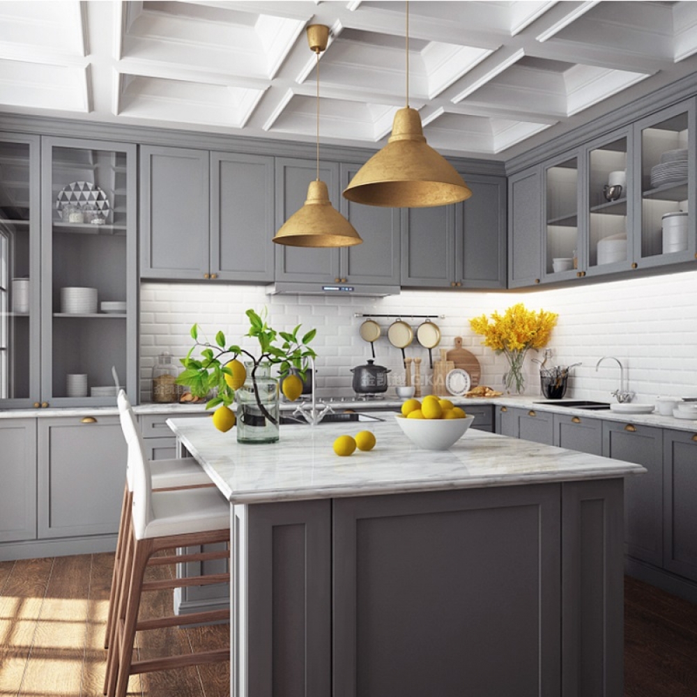 Classic shaker style grey solid wood kitchen storage cabinets