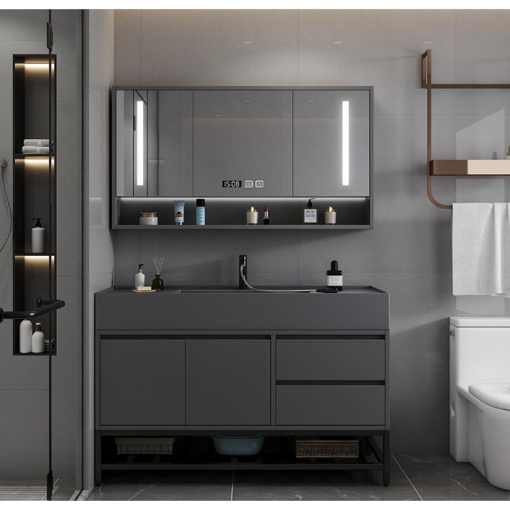 Modern Gray Wall Mount Bathroom Vanity Storage Cabinet Set Marble Floating Vanity