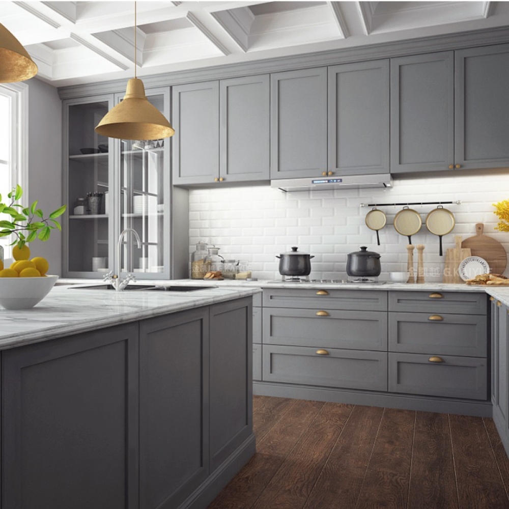 Classic shaker style grey solid wood kitchen storage cabinets