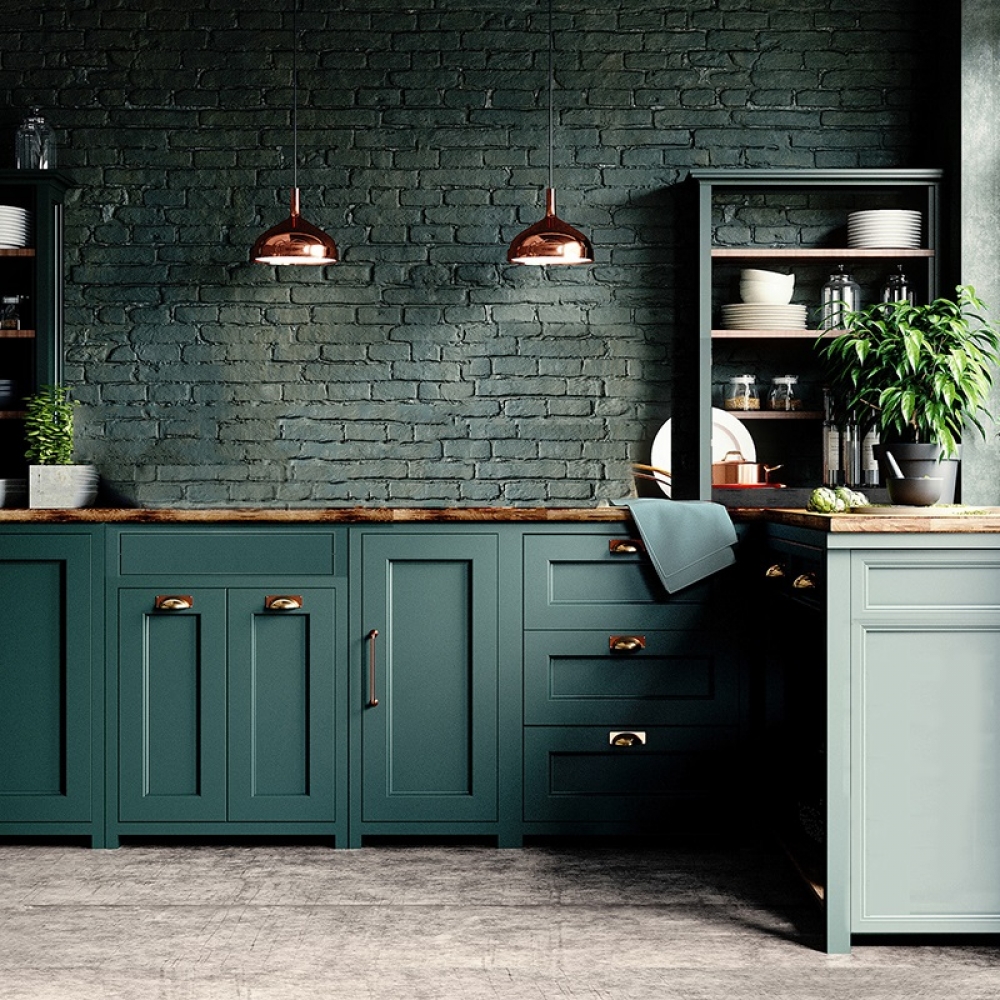 Vintage countrystyle green kitchen cabinets in solid wood