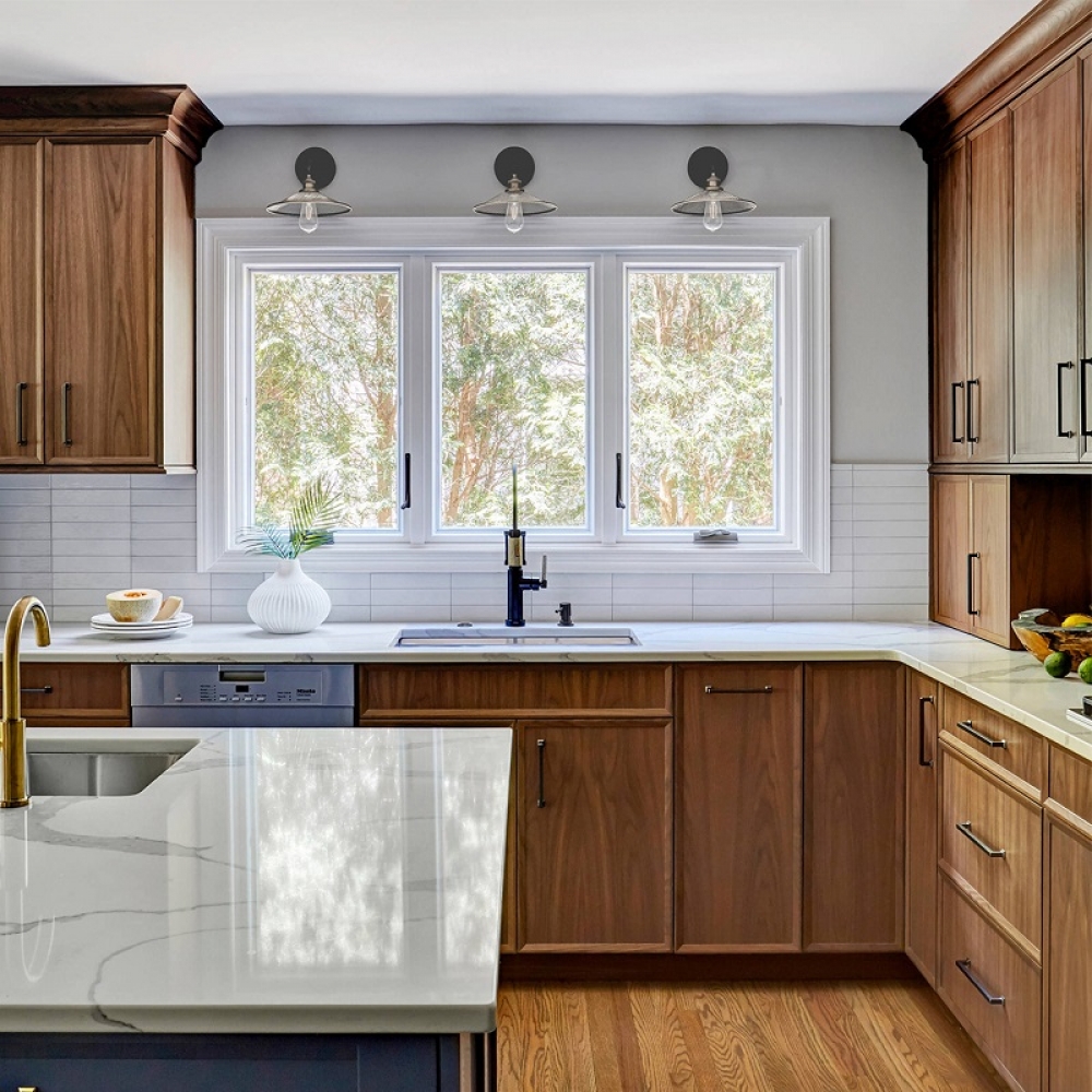 Walnut kitchen cabinets with traditional blue base cabinet
