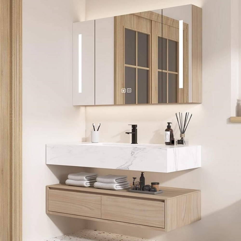 Hotel Floating Vanity Cabinet Unit with light Mirror for Modern Bathroom Furniture